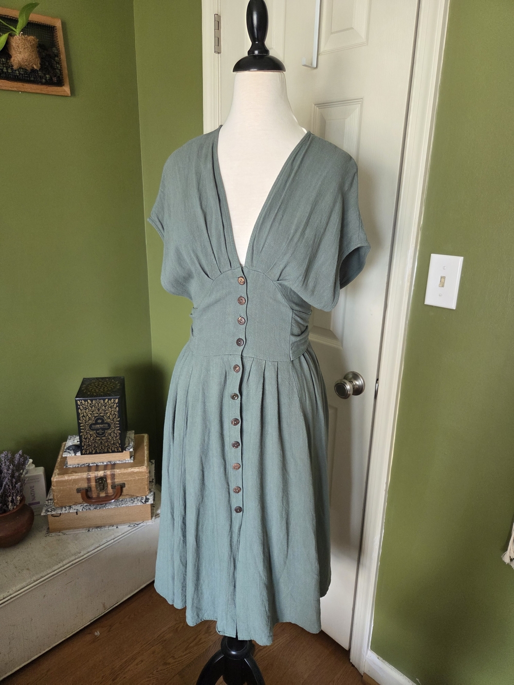 Aura Linen Sage-Green Midi Dress with Button Front